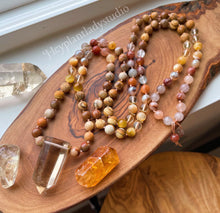 Load image into Gallery viewer, Leo Moon Mala Necklace  - 108 - Rutilated Quartz, Citrine, Petrified Wood, Picture Jasper, Mother of Pearl, Tigers Eye