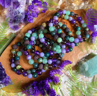 Reserved - Ancient Forest Essential Oil Diffuser Bracelet - Green Aventurine + Amethyst + Lava Bead