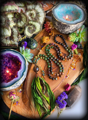 Forest Spirit Mala Necklace - Watermelon Tourmaline + Ruby Fuchsite + Ruby Kyanite + + Smoky Quartz Guru + Hand Dyed Silk Tassel