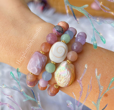 Under the Sea Set of Three - Shell + Pearl + Gemstone Stretch Bracelets
