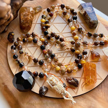 Load image into Gallery viewer, Glowing Embers Mala Necklace - 108 Fire Quartz + Gold Aura Quartz + Tigers Eye + Bronzite Olivin +Hand Carved Buffalo Bone Skeleton
