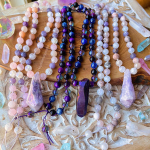 Peaceful Goddess Mid Mala - Lepidolite + Rainbow Moonstone + Pink Zebra Jasper - 72 Beads