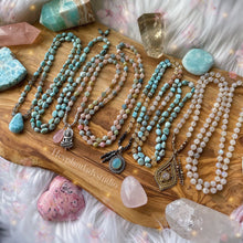 Load image into Gallery viewer, Sun and Sea - 108 - Luxe Larimar + Citrine + Sunstone + Rainbow Moonstone + 925 Sterling Aqua Chalcedony Mala