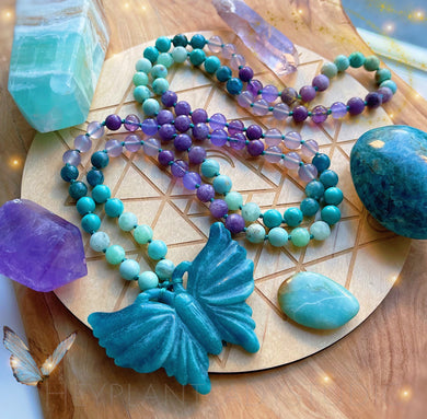 Metamorphosis - Jade Butterfly, Dragons Egg Agate, Matte Green Angelite, Apatite, Lavender and Blue Chalcedony, Lepidolite, Phosphosiderite, Amethyst, Jade,