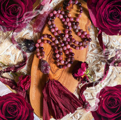 Revitalize - 108 Mala Necklace - Strawberry Quartz + Pink Tourmaline Sari Silk Tassel