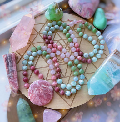 Blissful Springtime Mala Necklace  - 108 - AAA Rhodochrosite, Aquamarine, Green Angelite, Rhodonite, Rose Quartz, Jade, Gold Vermeil