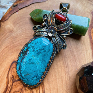 80mm Genuine Turquoise + Italian Red Coral Pendant