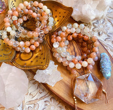 Load image into Gallery viewer, Reserved - Gold Hexagon - Amplified Intuition Mala Necklace - Mixed Moonstone + Clear Quartz - 108 Mala