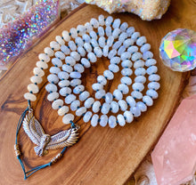 Load image into Gallery viewer, Mystic Messenger Mala Necklace  - Sterling Silver Owl + Faceted Rainbow Moonstone