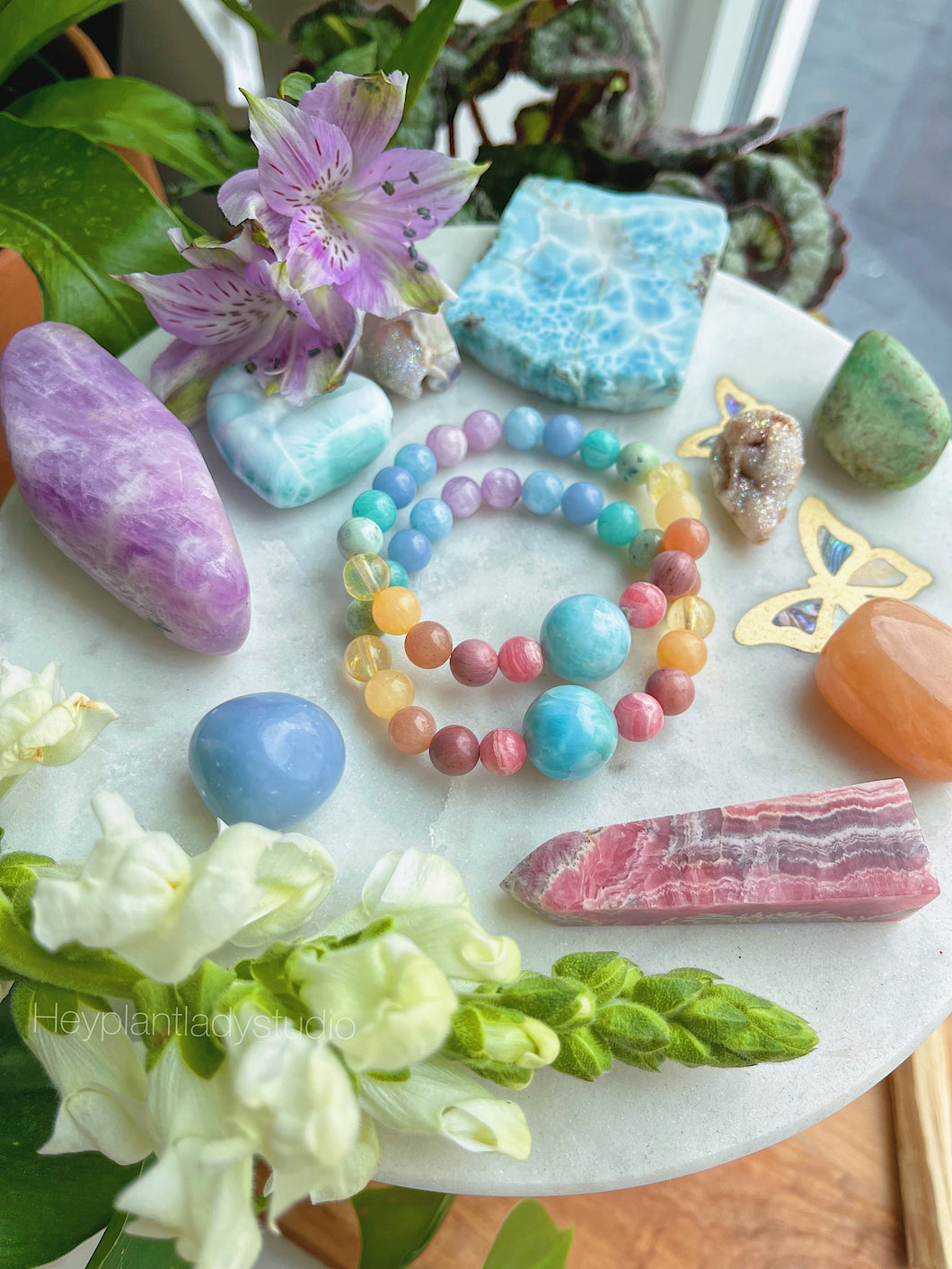 Rainbow Sea - 15mm Larimar + Pastel Rainbow Gemstone Stretch Mala Bracelet