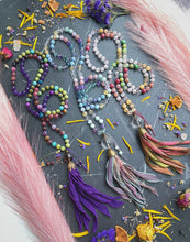 Load image into Gallery viewer, Mystic Mermaid Mala Necklace - Rainbow Fluorite, Aquamarine, Iolite, Kunzite, Madagdascar Rose Quartz, Clear Quartz Guru + Hand Dyed Silk Tassel