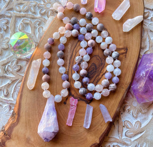 Peaceful Goddess Mid Mala - Lepidolite + Rainbow Moonstone + Pink Zebra Jasper - 72 Beads