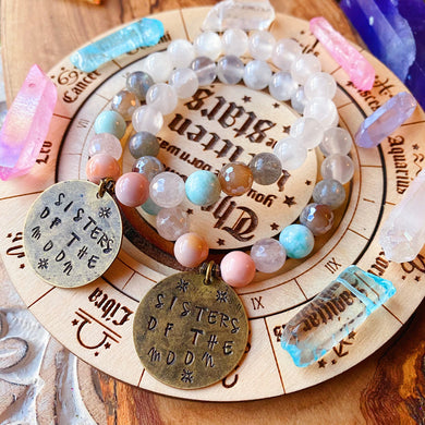 Sisters of the Moon - Bracelet SET OF 2 - Selenite, Pink Botswana Agate, Larimar