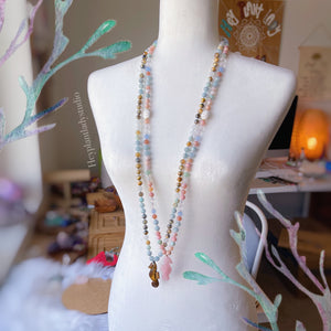 The Sandbar - Aquamarine + Mystic Blue Tigers Eye Gemstone Mala Necklace