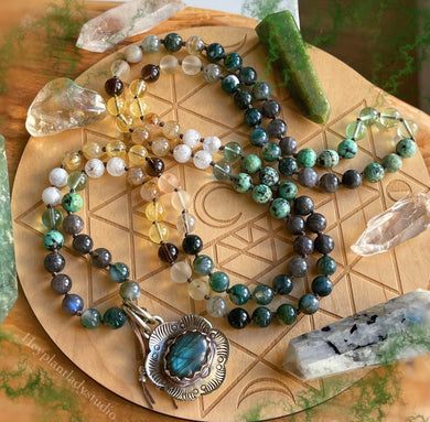 Sunshine Meadows Mala Necklace - 108 Golden Rutile Quartz, Black Labradorite, AA Rainbow Moonstone, Smoky Quartz, Fluorite, African Turquoise, Moss Agate, Citrine, Matte Fire Agate, Green Rutile Quartz