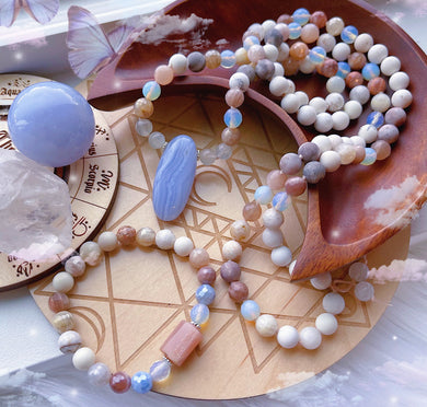 Ethereal Visions Set - Mala Necklace + Bracelet: Blue Lace Agate + Howlite + Sunstone + Opalite + Pink Zebra Jasper
