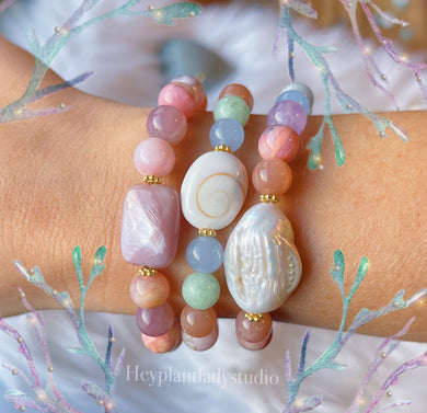 Under the Sea Set of Three - Shell + Pearl + Gemstone Stretch Bracelets