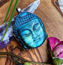 Load image into Gallery viewer, 55mm Teal Flash Labradorite Buddha Pendant - 925 Sterling Silver