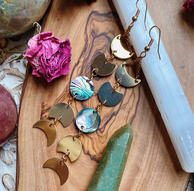 Moon Phase Earrings - Colorful Abalone Shell + 24K Shiny Gold Plating
