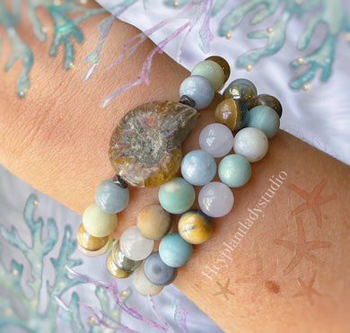The Sandbar Set of Three - Fossil + Gemstone Stretch Bracelets