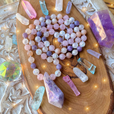 Radiant Goddess Mid Mala - Lepidolite + Peach Moonstone + Rose Quartz - 72 Beads