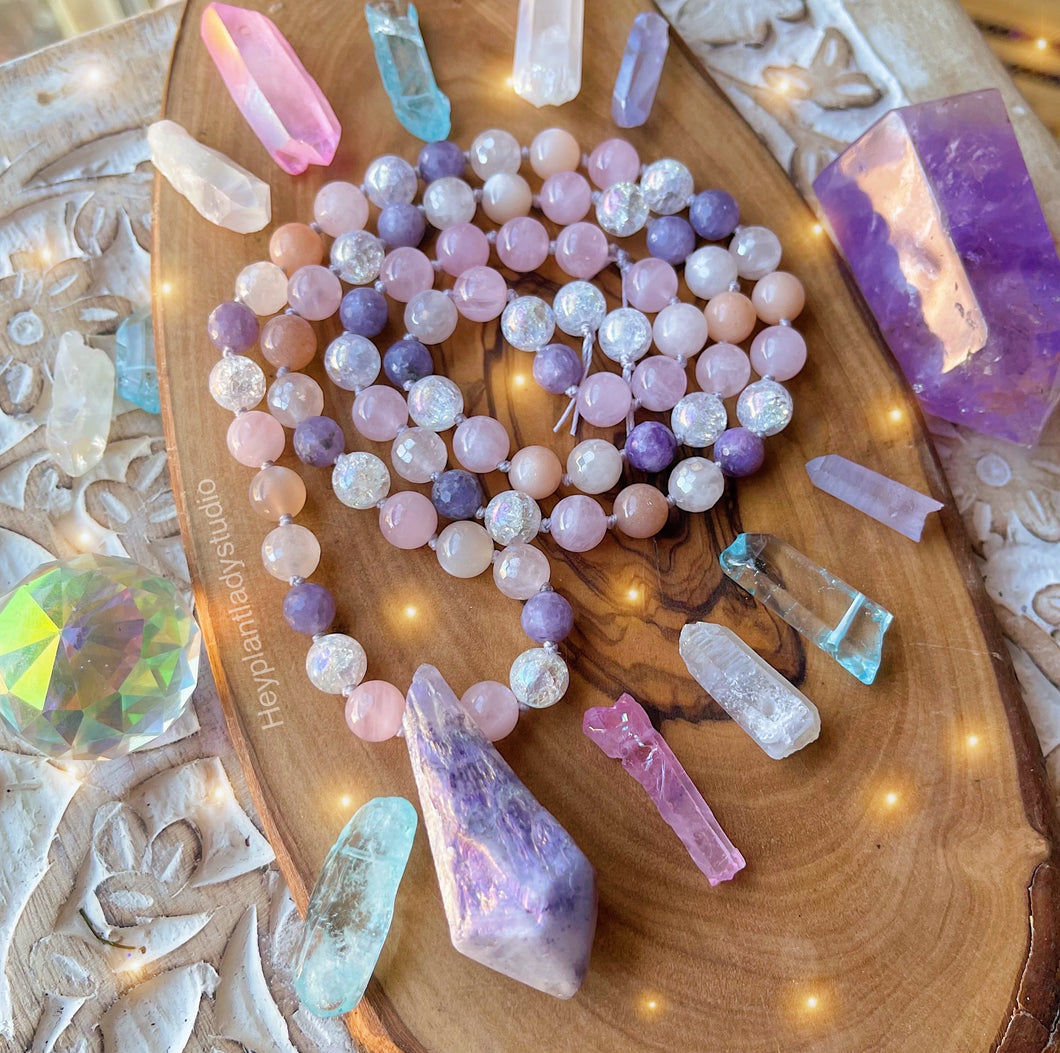 Radiant Goddess Mid Mala - Lepidolite + Peach Moonstone + Rose Quartz - 72 Beads