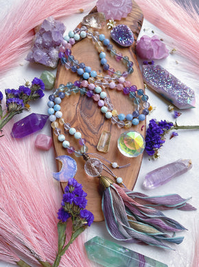Mystic Mermaid Mala Necklace - Rainbow Fluorite, Aquamarine, Iolite, Kunzite, Madagdascar Rose Quartz, Clear Quartz Guru + Hand Dyed Silk Tassel