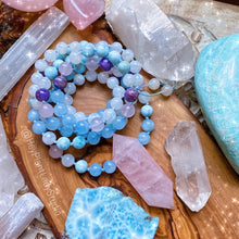 Load image into Gallery viewer, Serenity - 108 bead Larimar + Rose Quartz + Aquamarine + Charoite + Rainbow Moonstone Mala Necklace + Bracelet Set