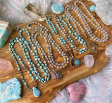 Load image into Gallery viewer, Sun and Sea - 108 - Luxe Larimar + Citrine + Sunstone + Rainbow Moonstone + 925 Sterling Aqua Chalcedony Mala