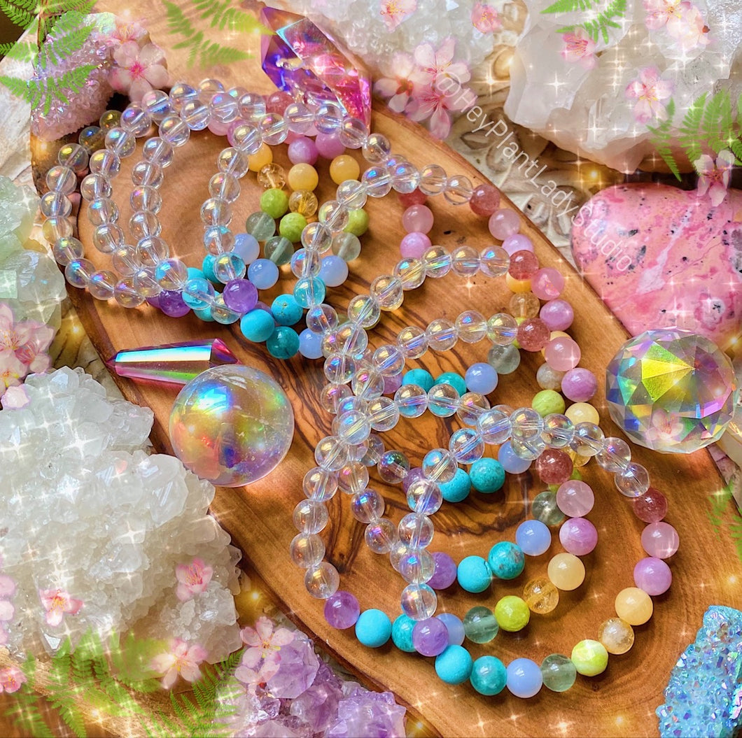 Enchanted Gardens - Aura Quartz + Pastel Rainbow Mala Bracelet