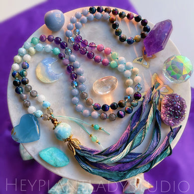 Sea Sorceress Mala Necklace - Larimar + Aquamarine + Moonstone + Angelite + Labradorite + Galaxy Tigers Eye + Amethyst + Lepidolite + Amazonite + Aura Quartz + Larimar Guru + Hand Dyed Silk Tassel