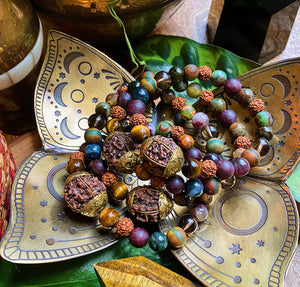 Sacred Seeds - Tibetan Capped Rudraksha + Tigers Eye + Watermelon Tourmaline + Garnet + Dzi Agate