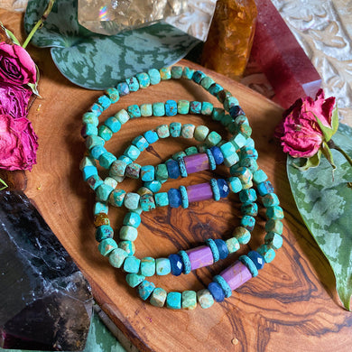 Lotus Pond Bracelet - Genuine Diamond Cut Turquoise + Phosphosiderite + Kyanite