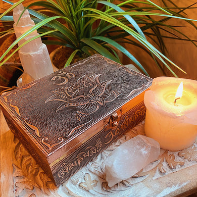 OM Lotus Bronze Metal Lined Jewelry Box