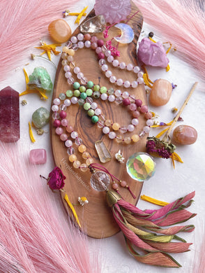 Flower Fairy Mala Necklace - Citrine, Aura Rose Quartz, Golden Rutile Quartz, Rhodonite, Madagdascar Rose Quartz, Clear Quartz Guru + Hand Dyed Silk Tassel