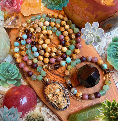 Reserved - Pre-Order - Desert Enchantment Mala Necklace Set - Picture Jasper Skull + Emerald + Green Garnet + Golden Rutile Quartz