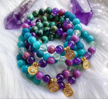 Load image into Gallery viewer, Calm Vibrations Mala Bracelet - 18K Gold Evil Eye Vermeil + Phosphosiderite + Amazonite + Fluorite + Amethyst