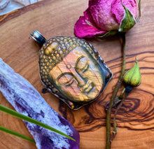 Load image into Gallery viewer, 55mm Sunset Flash Labradorite Buddha Pendant - 925 Sterling Silver
