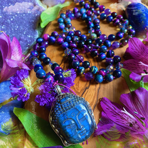 Peaceful Buddha 108 Mala Necklace - Galaxy Tigers Eye + Amethyst + Blue Aura Quartz