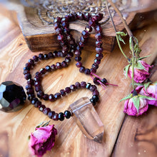 Load image into Gallery viewer, RESERVED - Pre-Order - Energized Spirit - 108 Garnet + Smoky Quartz Mala Necklace