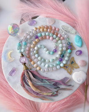 Fairy Pools Mala Necklace - Rainbow Fluorite, Mother of Pearl, Amethyst, Peach Moonstone, Amazonite, Pink Opal, Selenite, Aura Rose Quartz, Lavender Amethyst Guru + Hand Dyed Silk Tassel