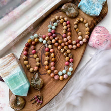 Load image into Gallery viewer, Sun-Drenched - 108 - Mala Necklace - Fossil Agate, Green Angelite, Ammonite, Amazonite, Picture Jasper, Rhodonite, Clear Quartz, Pink Tourmaline