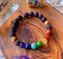 Load image into Gallery viewer, 7 Chakra Bracelet - Rainbow Gemstone + OM Karen Hill Tribe Silver Spacer