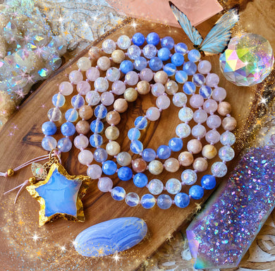Fairy Portal Mala Necklace  - Opalite + Aura Rose Quartz + Mystic Sunstone