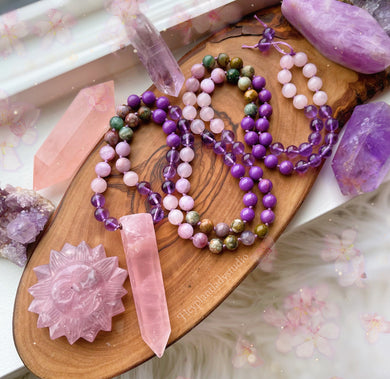 108 Mala Necklace - Ocean Jasper, Rose Quartz, Kunzite, Phosphosiderite, and Amethyst