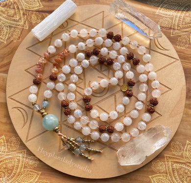Sun + Moon + Sea - 108 Bead Necklace - Selenite + Rainbow Moonstone + Sunstone + Blue Rutile Quartz + Aquamarine Guru + Gold Filled OM Pendantoo
