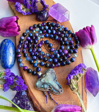 Labradorite Elephant Carving -  Galaxy Tigers Eye + Amethyst + Blue Aura Quartz 108 Mala Necklace
