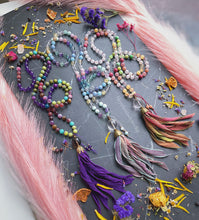 Load image into Gallery viewer, Grounded Goddess Mala Necklace - Watermelon Tourmaline + Amethyst + Smoky Quartz Guru + Hand Dyed Silk Tassel