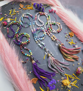 Grounded Goddess Mala Necklace - Watermelon Tourmaline + Amethyst + Smoky Quartz Guru + Hand Dyed Silk Tassel