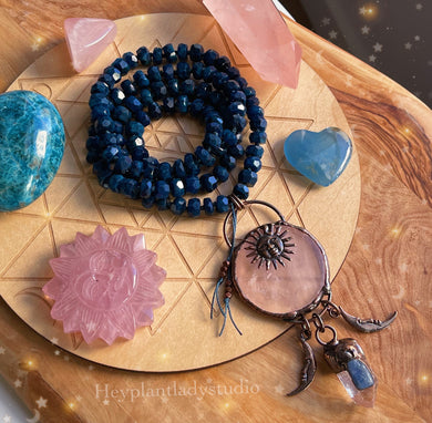 Stars Align Mala Necklace - 108 Deep Teal Apatite Faceted Rondelle Beads + Rose Quartz/Kyanite/Clear Quartz Celestial Pendant
